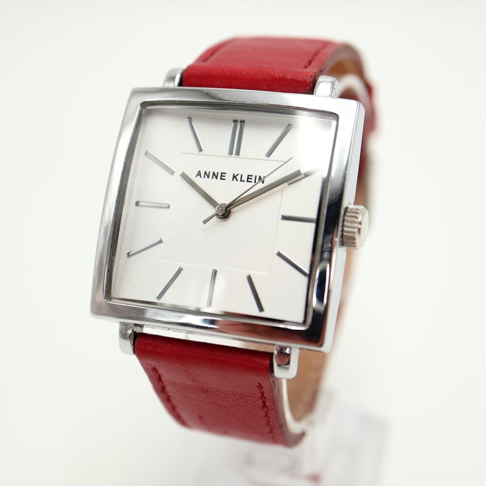 Anne Klein 34mm Square Silver Tone Womens Watch Red Leather Strap w New Battery